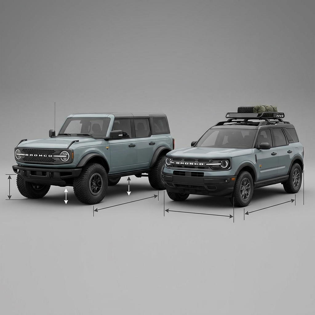 A Ford Bronco and a Ford Bronco Sport shown side-by-side with dimension arrows indicating size differences. (Representative image for illustration purposes only. Actual vehicle may vary based on trim and configuration.)