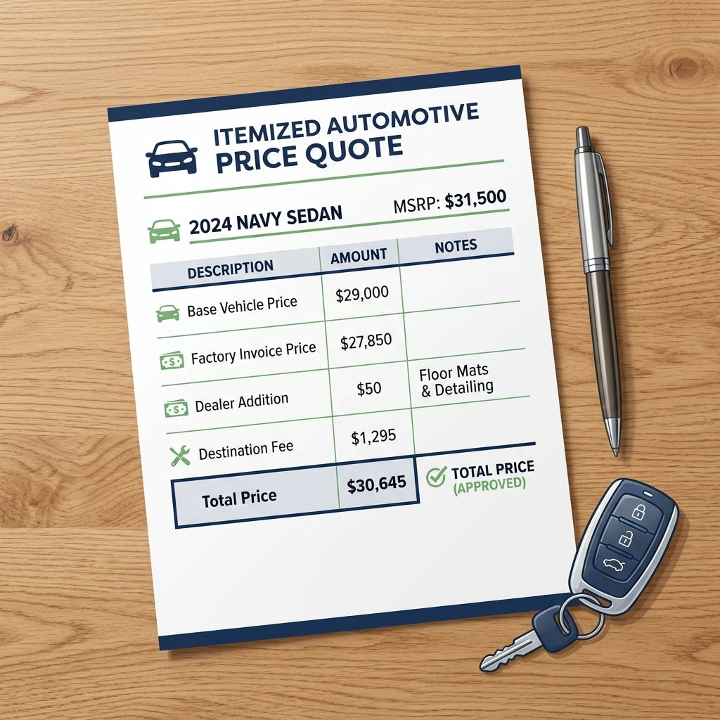 An itemized automotive price quote document on a wooden surface next to a pen and a car key fob. (Representative image for illustration purposes only. Actual vehicle may vary based on trim and configuration.)