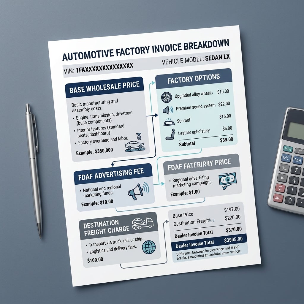 An infographic detailing an automotive factory invoice breakdown alongside a pen and calculator on a blue desk. (Representative image for illustration purposes only. Actual vehicle may vary based on trim and configuration.)
