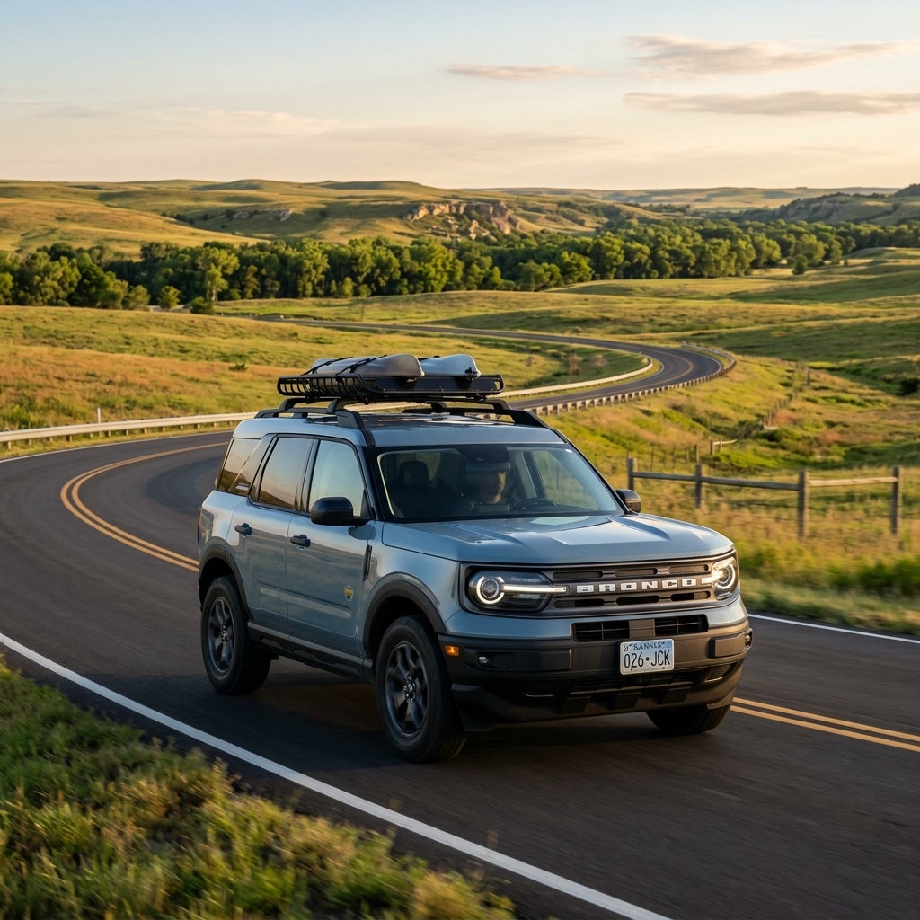 Light blue Ford Bronco Sport driving along a winding rural road through scenic rolling hills. (Representative image for illustration purposes only. Actual vehicle may vary based on trim and configuration.)