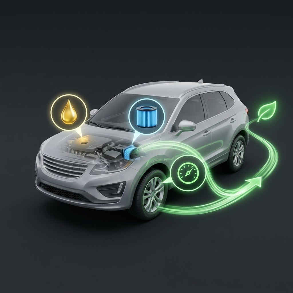 Infographic of a silver SUV showing engine maintenance elements: an oil droplet, air filter, and green eco-friendly gauge. (Representative image for illustration purposes only. Actual vehicle may vary based on trim and configuration.)