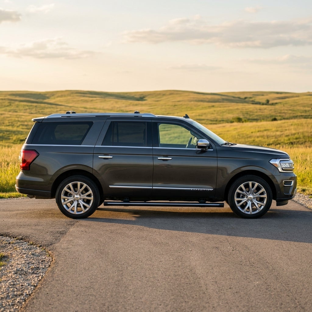 Profile view of a dark gray Ford Expedition SUV parked on a paved road against rolling grassy hills. (Representative image for illustration purposes only. Actual vehicle may vary based on trim and configuration.)
