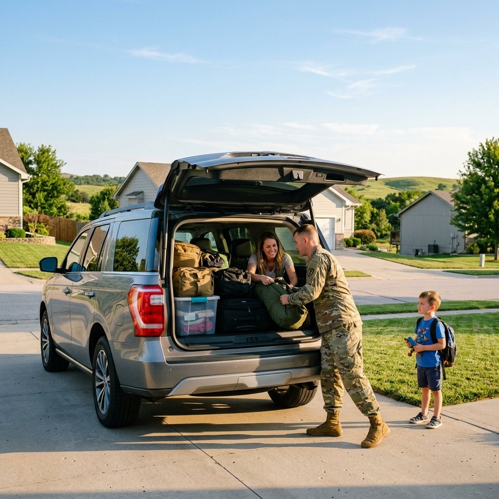 An Army soldier and woman pack duffel bags into a silver SUV trunk while a young boy watches nearby on a driveway. (Representative image for illustration purposes only. Actual vehicle may vary based on trim and configuration.)