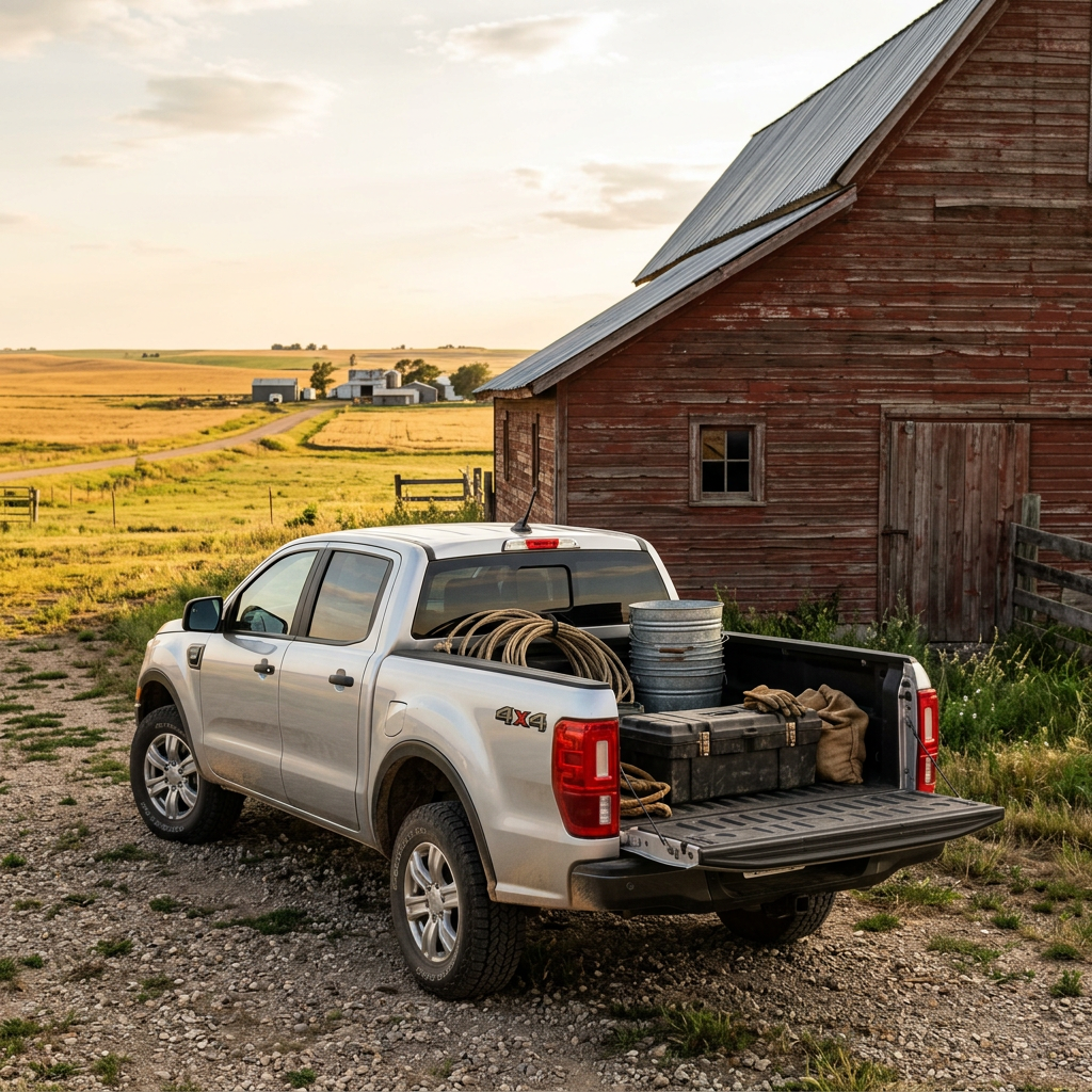 Silver pickup truck parked next to a rustic red barn on a farm under a warm sky. (Representative image for illustration purposes only. Actual vehicle may vary based on trim and configuration.)