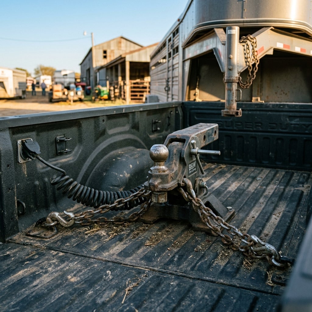 A heavy-duty gooseneck trailer hitch inside the bed of a pickup truck with safety chains. (Representative image for illustration purposes only. Actual vehicle may vary based on trim and configuration.)
