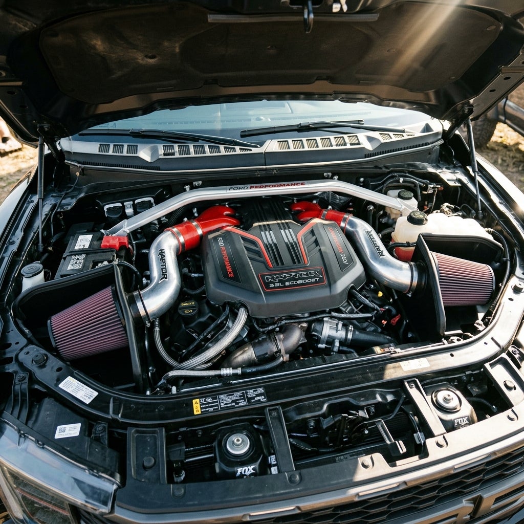 Engine bay of a Ford Raptor featuring a 3.5L EcoBoost engine with dual red cone air filters and performance parts. (Representative image for illustration purposes only. Actual vehicle may vary based on trim and configuration.)