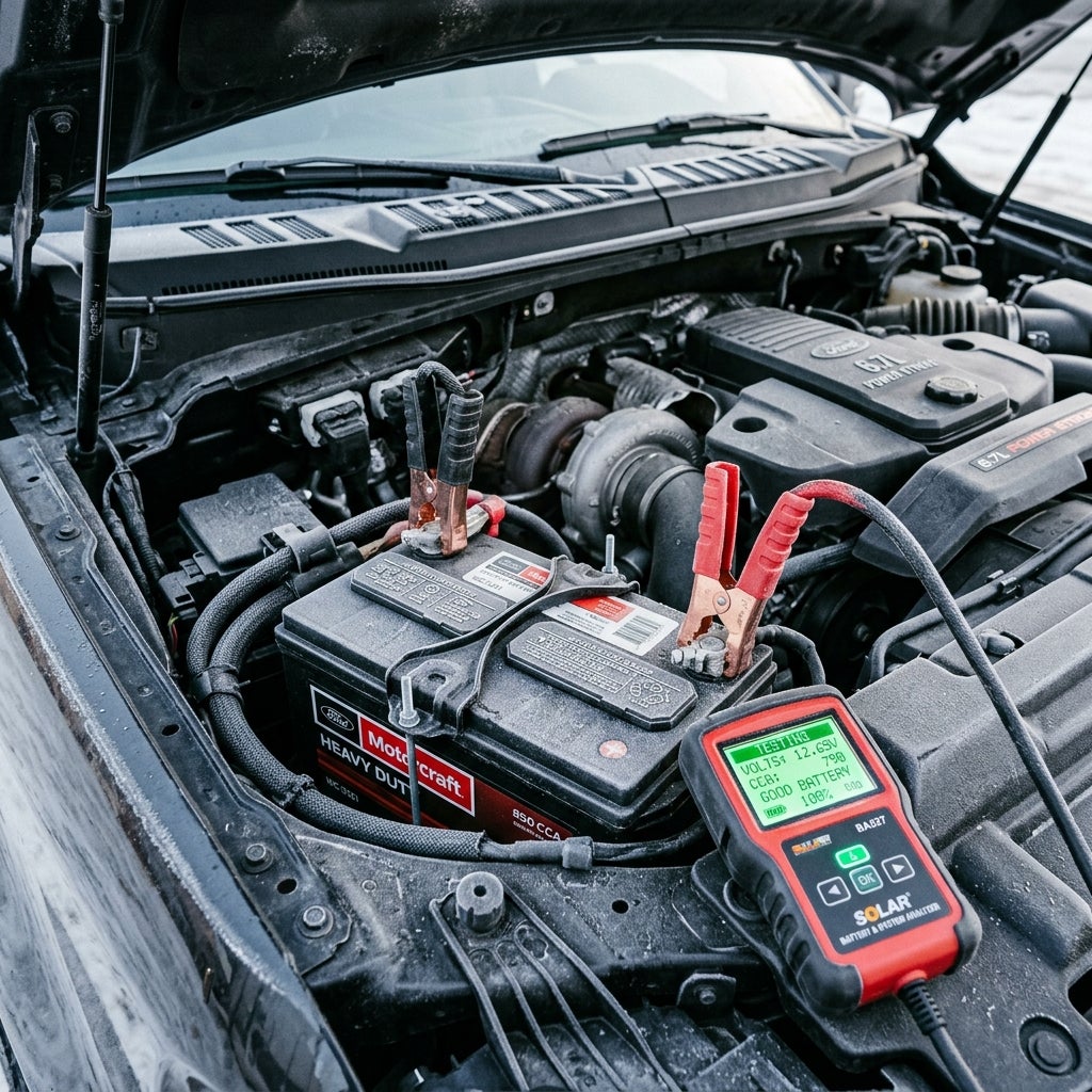 A digital battery tester clamped to a heavy-duty car battery under the open hood of a truck engine bay. (Representative image for illustration purposes only. Actual vehicle may vary based on trim and configuration.)