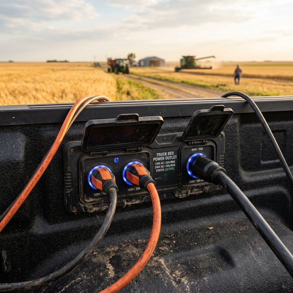 Power cords plugged into an illuminated truck bed power outlet panel with a wheat field and tractors in the background. (Representative image for illustration purposes only. Actual vehicle may vary based on trim and configuration.)