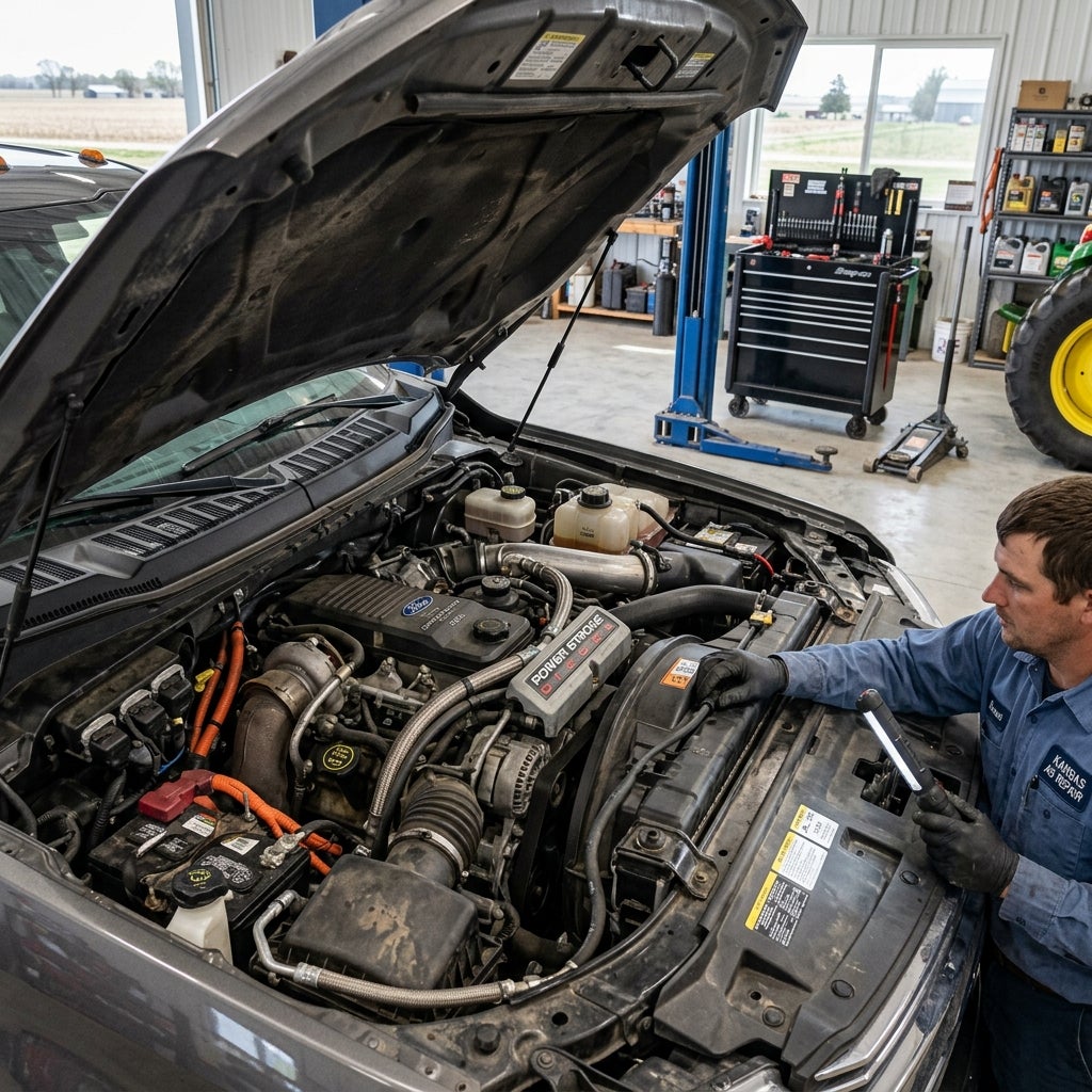 A mechanic holding a light inspects a Power Stroke diesel engine inside an auto repair shop. (Representative image for illustration purposes only. Actual vehicle may vary based on trim and configuration.)