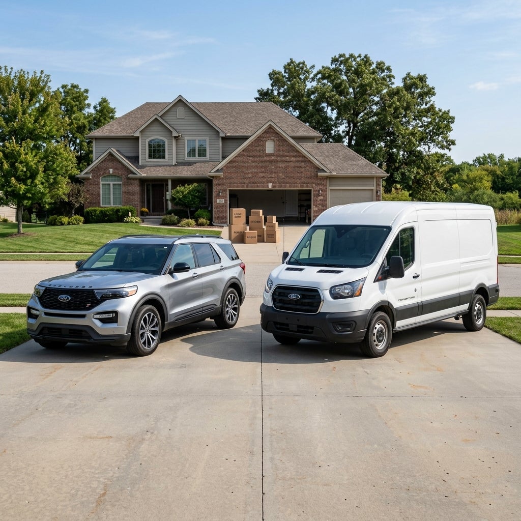 A silver Ford Explorer SUV and a white Ford Transit cargo van parked on a driveway in front of a brick house. (Representative image for illustration purposes only. Actual vehicle may vary based on trim and configuration.)