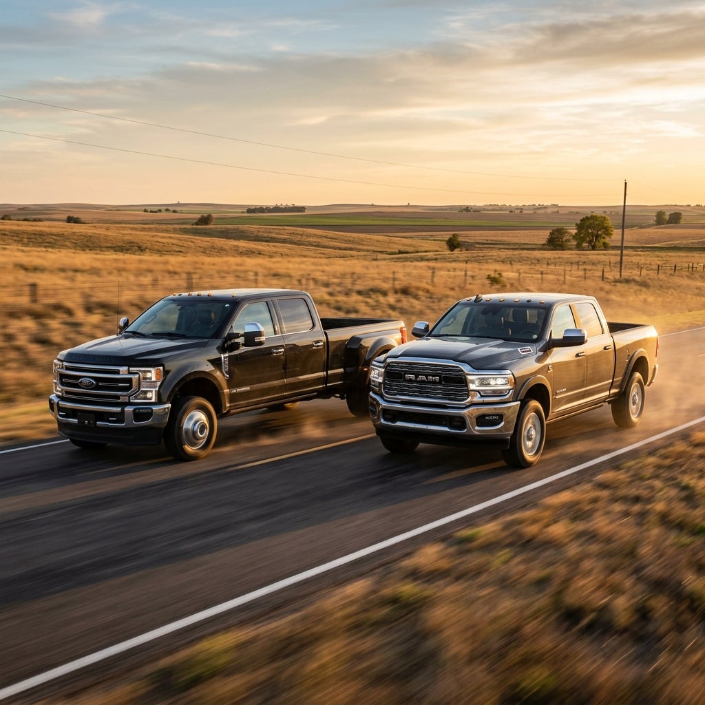 A black Ford Super Duty and a grey Ram truck driving side by side down a rural road during golden hour sunset. (Representative image for illustration purposes only. Actual vehicle may vary based on trim and configuration.)