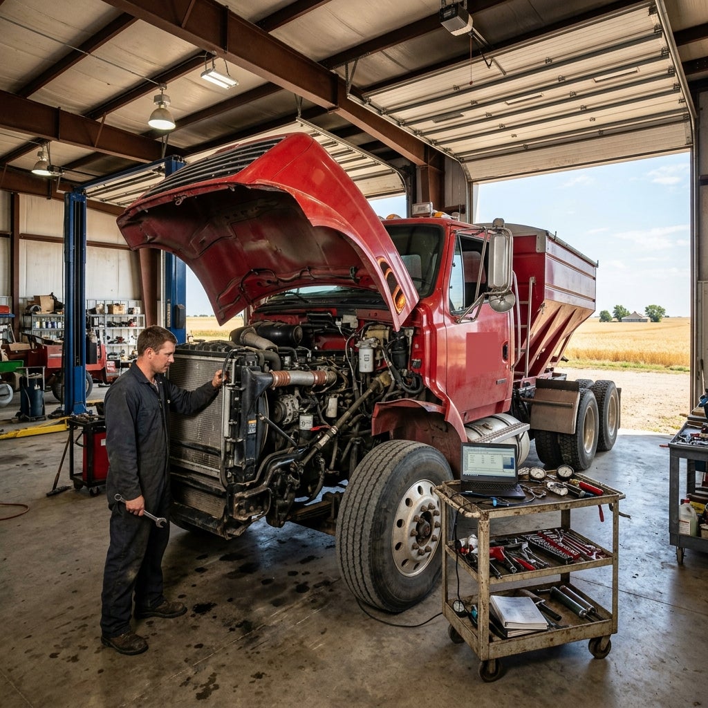 Mechanic inspecting the engine bay of a red dump truck in a repair shop with a diagnostic laptop nearby. (Representative image for illustration purposes only. Actual vehicle may vary based on trim and configuration.)