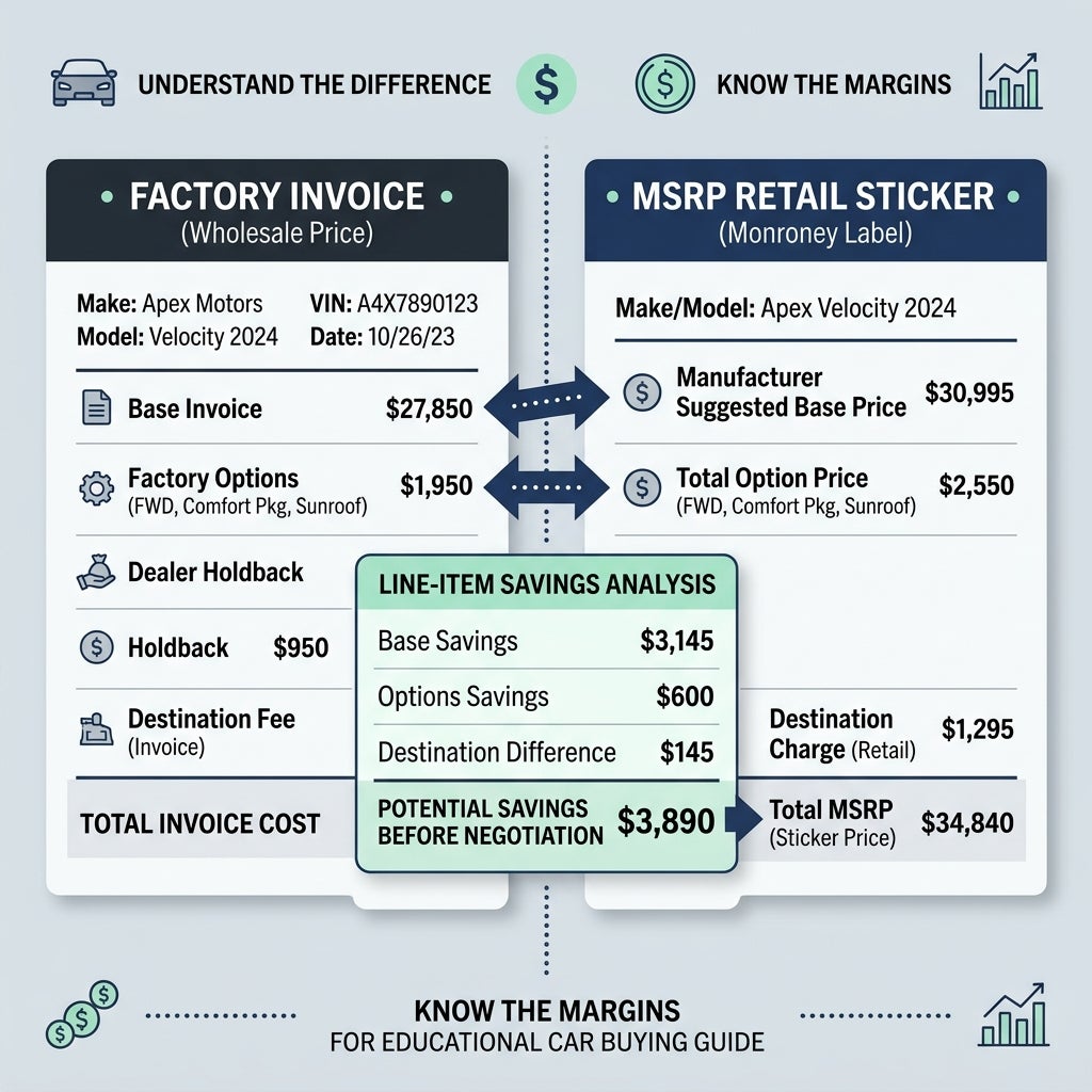 Infographic comparing car factory invoice wholesale prices against MSRP retail sticker prices with potential savings breakdown. (Representative image for illustration purposes only. Actual vehicle may vary based on trim and configuration.)