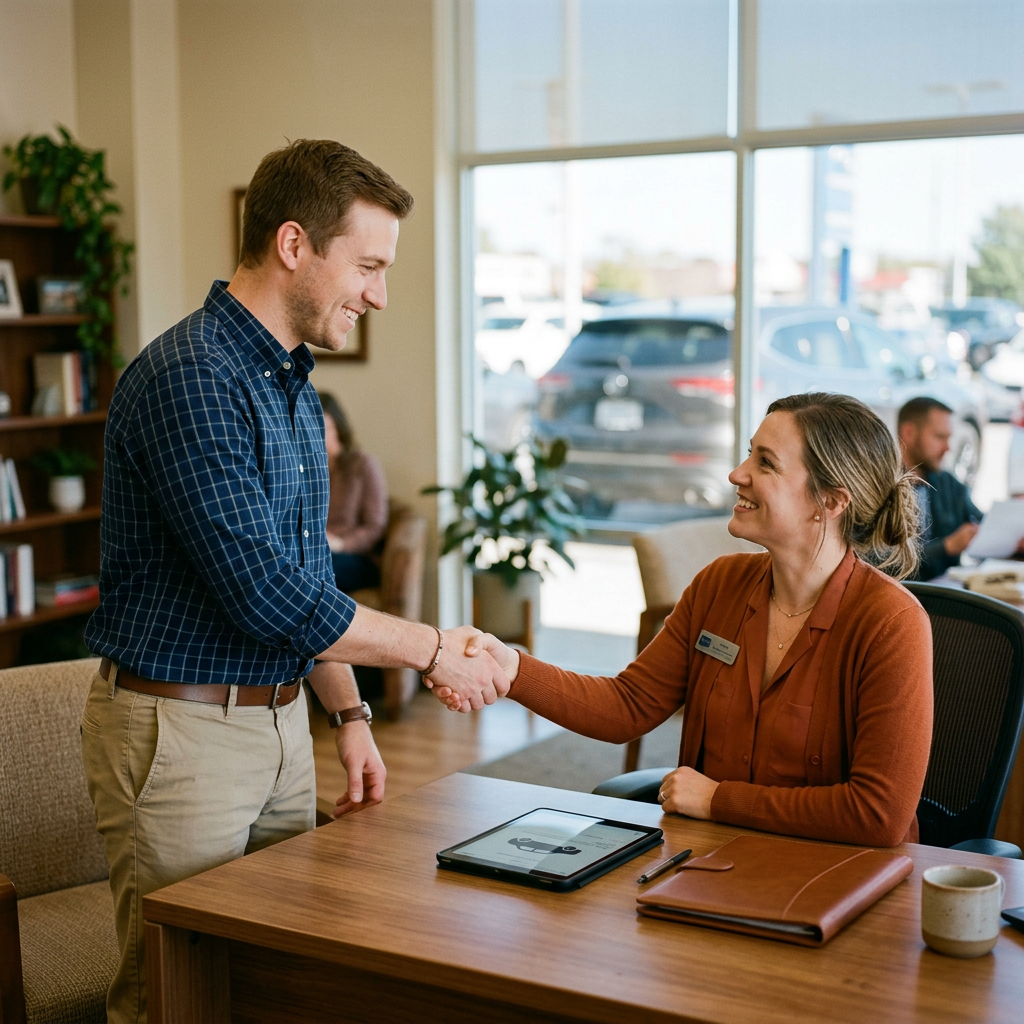 A smiling man in a plaid shirt shakes hands with a seated female representative at a desk in a bright office. (Representative image for illustration purposes only. Actual vehicle may vary based on trim and configuration.)