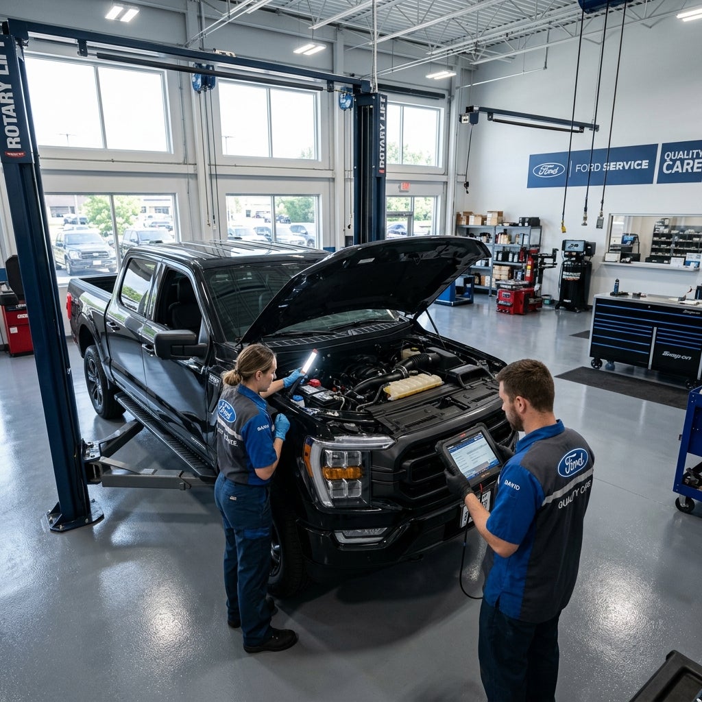 {
"altText": "Two Ford service technicians inspect a black Ford F-150 truck with an open hood in a modern service bay.", (Representative image for illustration purposes only. Actual vehicle may vary based on trim and configuration.)