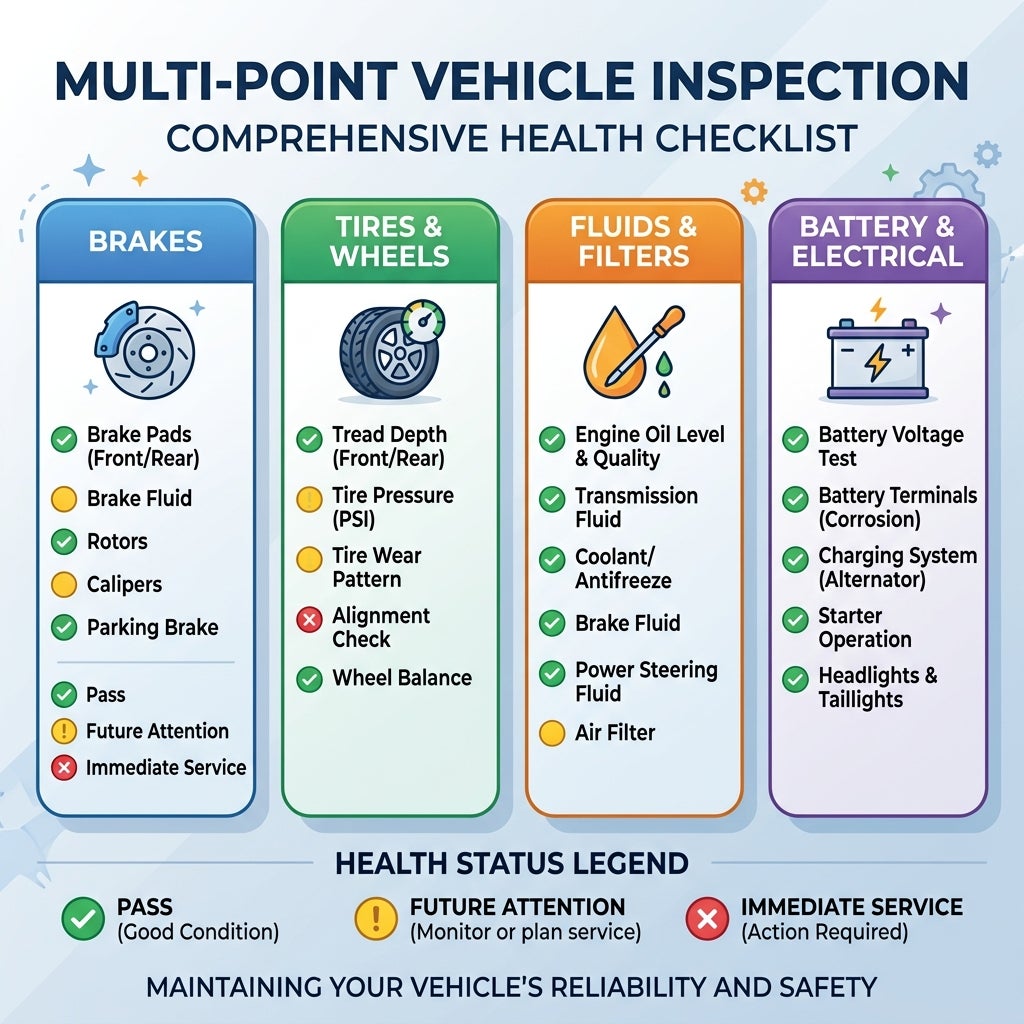 Infographic detailing a multi-point vehicle inspection checklist for brakes, tires, fluids, and electrical systems. (Representative image for illustration purposes only. Actual vehicle may vary based on trim and configuration.)