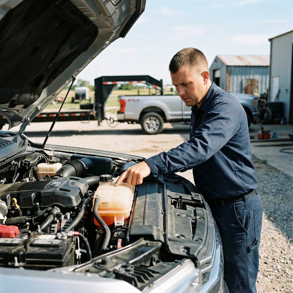 A mechanic in a blue uniform points to the coolant reservoir tank under the open hood of a silver pickup truck. (Representative image for illustration purposes only. Actual vehicle may vary based on trim and configuration.)