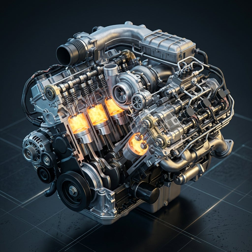 3D cutaway render of a V-type internal combustion engine showing glowing pistons during combustion. (Representative image for illustration purposes only. Actual vehicle may vary based on trim and configuration.)