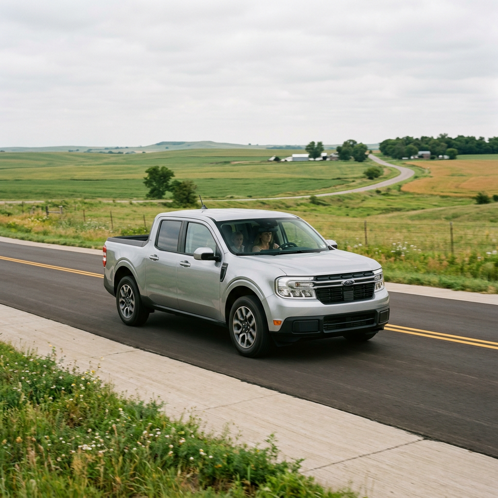 A silver Ford Maverick pickup truck driving on a paved road through rolling green hills. (Representative image for illustration purposes only. Actual vehicle may vary based on trim and configuration.)