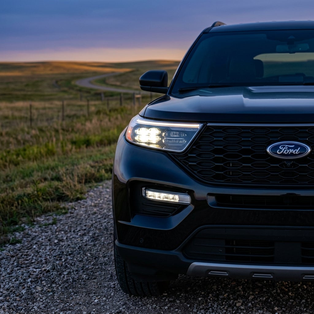 Front view of a dark Ford Explorer with lit headlights on a gravel road against a sunset landscape. (Representative image for illustration purposes only. Actual vehicle may vary based on trim and configuration.)