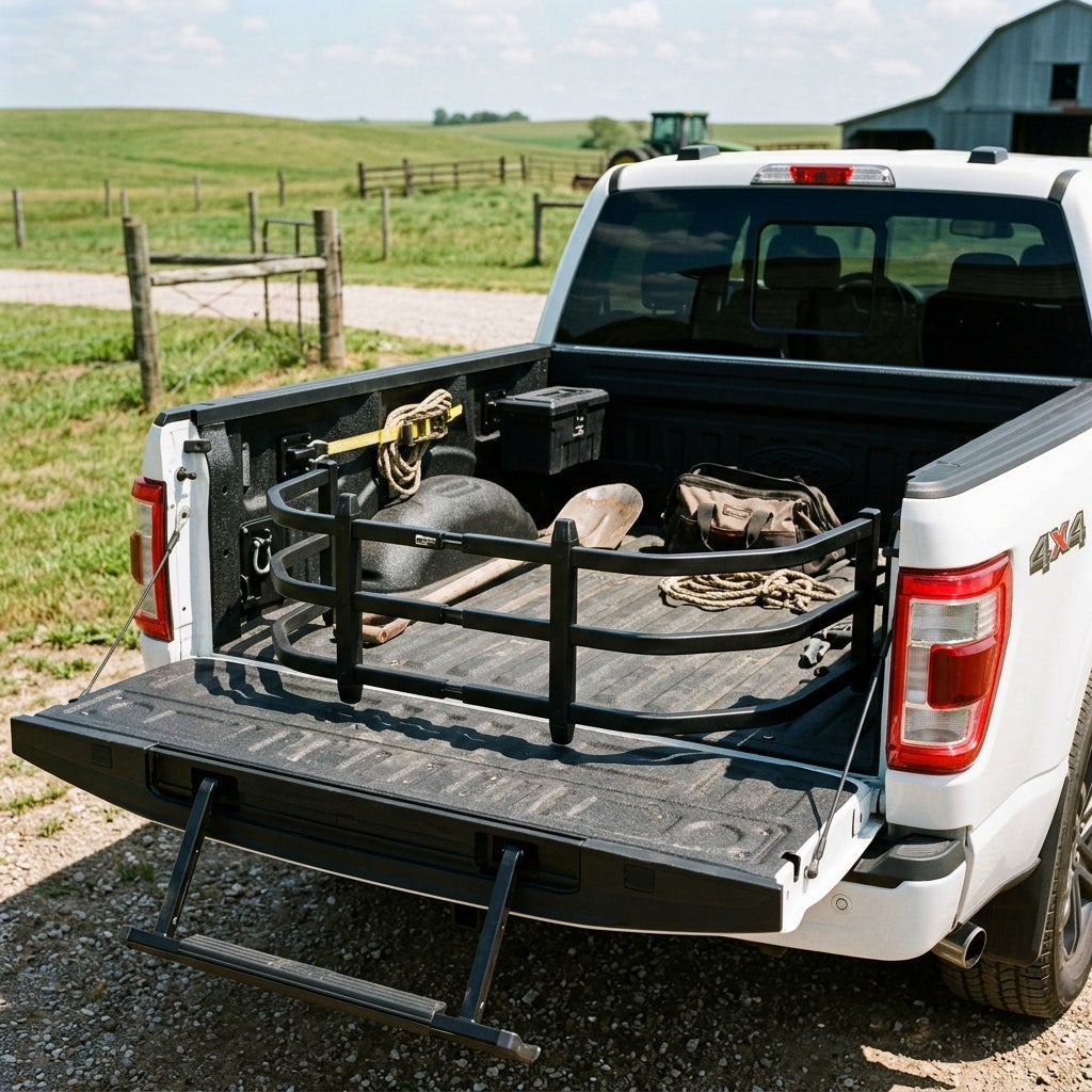 Open tailgate of a white pickup truck showing an extended bed cage, foldable step, tool bag, and shovel. (Representative image for illustration purposes only. Actual vehicle may vary based on trim and configuration.)