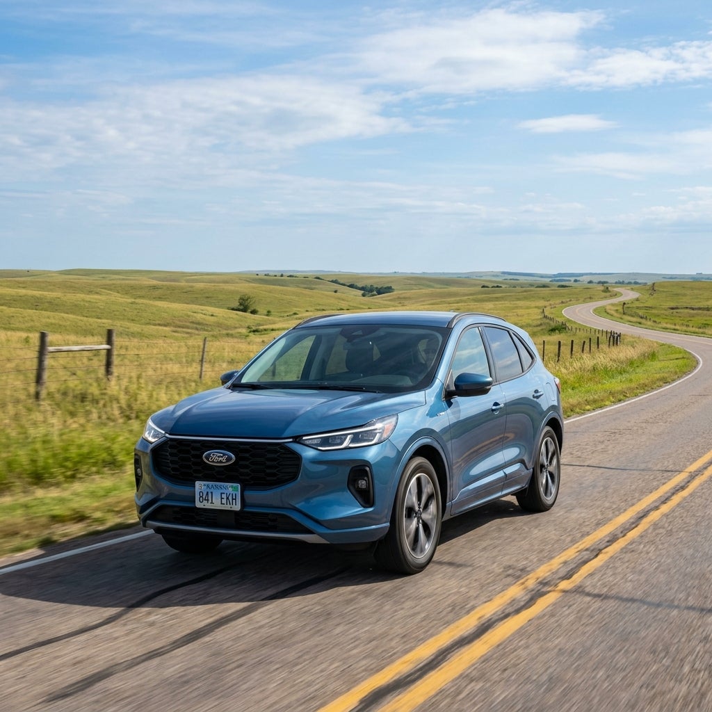 Blue Ford Escape SUV driving along a winding rural road through rolling green hills. (Representative image for illustration purposes only. Actual vehicle may vary based on trim and configuration.)