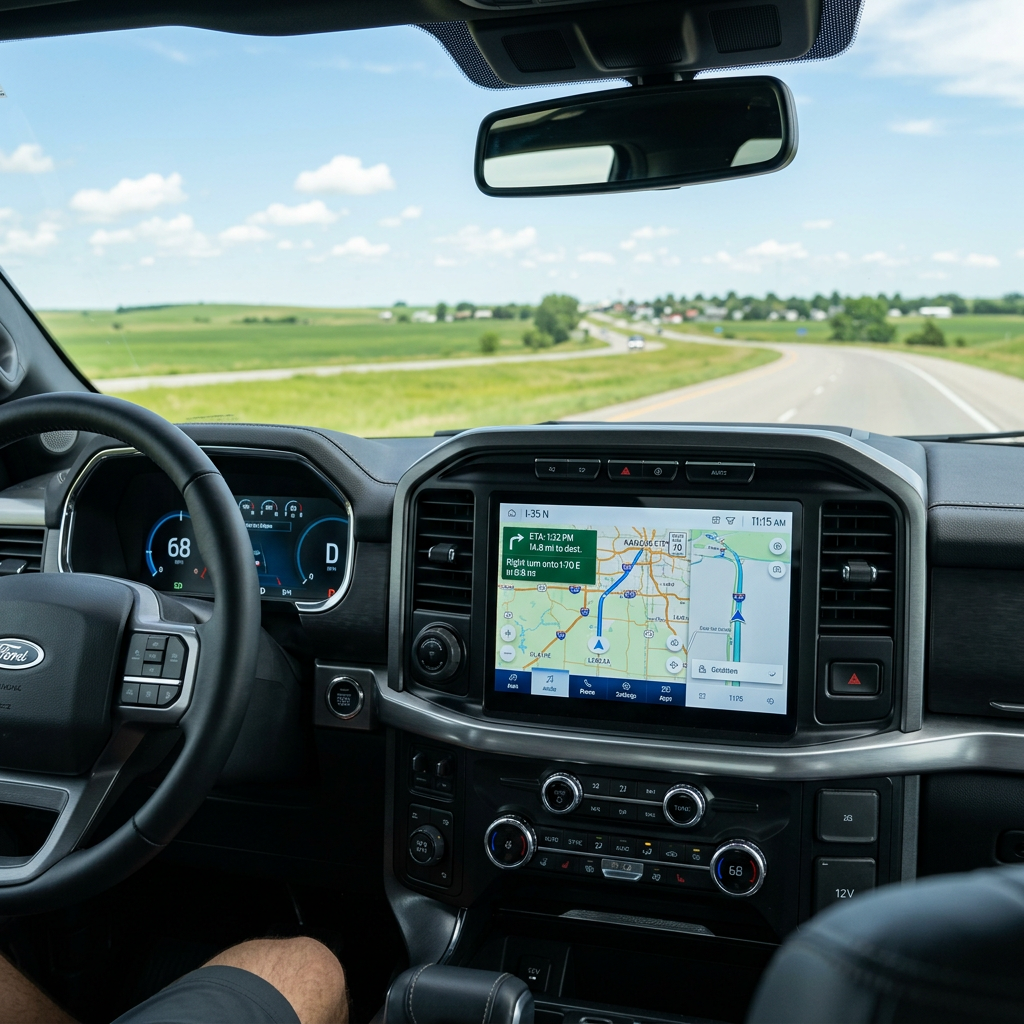 Driver's perspective inside a Ford truck navigating a curved highway through green fields with GPS on the dashboard. (Representative image for illustration purposes only. Actual vehicle may vary based on trim and configuration.)