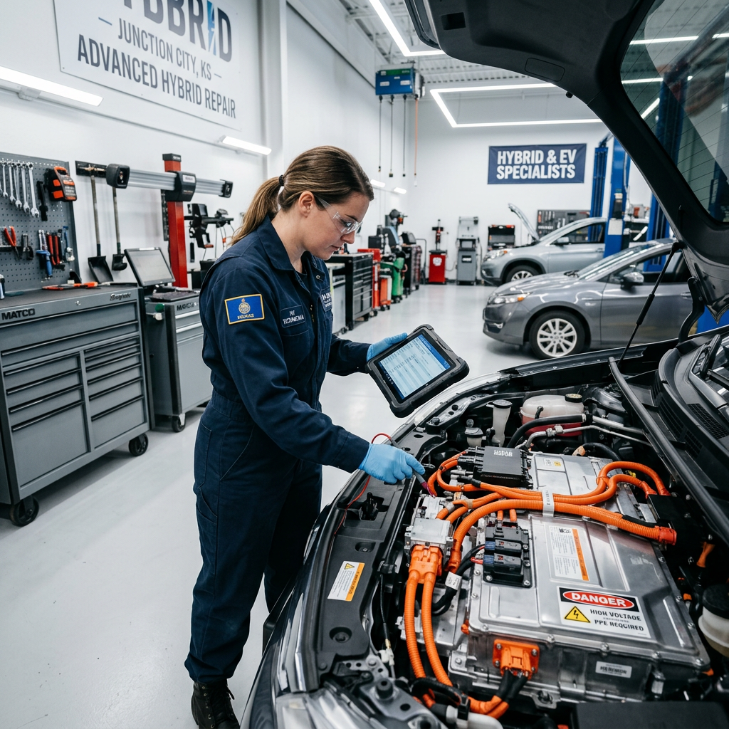 A female mechanic diagnostics a hybrid car engine using a tablet in a modern auto repair shop. (Representative image for illustration purposes only. Actual vehicle may vary based on trim and configuration.)