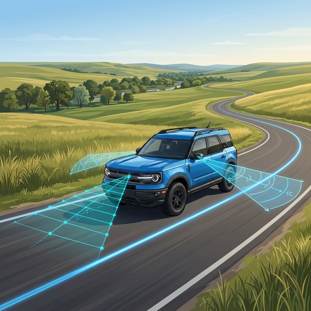 Illustration of a blue SUV driving on a country road with glowing blue radar sensors and lane tracking graphics. (Representative image for illustration purposes only. Actual vehicle may vary based on trim and configuration.)