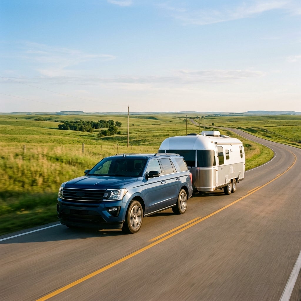 A blue SUV towing a silver travel trailer down a winding paved road through green rolling hills. (Representative image for illustration purposes only. Actual vehicle may vary based on trim and configuration.)
