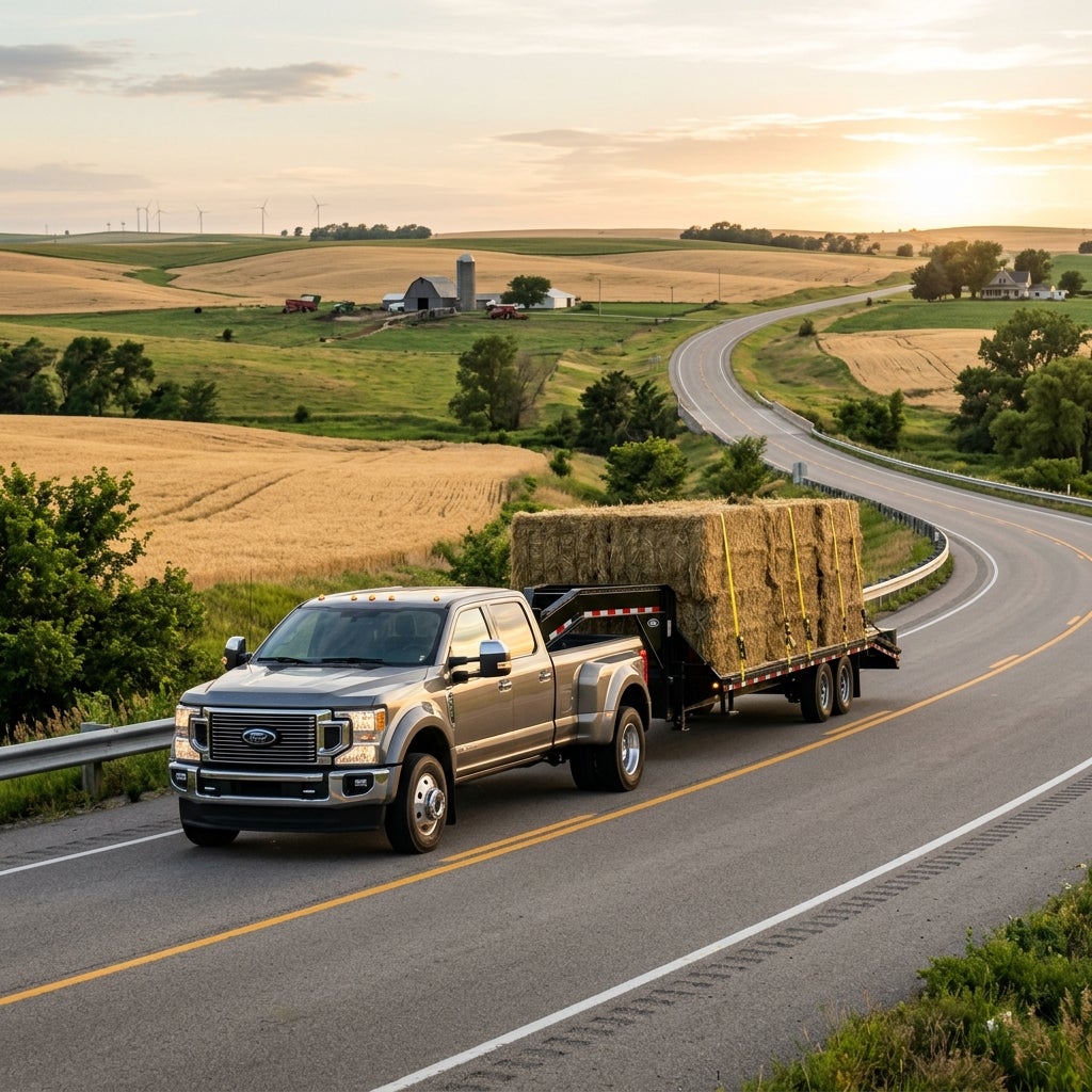 A silver Ford dually pickup truck pulls a trailer loaded with large hay bales along a winding country road at sunset. (Representative image for illustration purposes only. Actual vehicle may vary based on trim and configuration.)