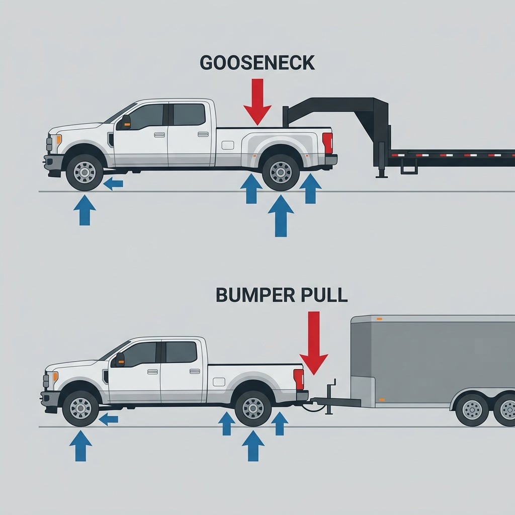 Diagram comparing the force distribution of gooseneck and bumper pull trailer hitches on a pickup truck. (Representative image for illustration purposes only. Actual vehicle may vary based on trim and configuration.)