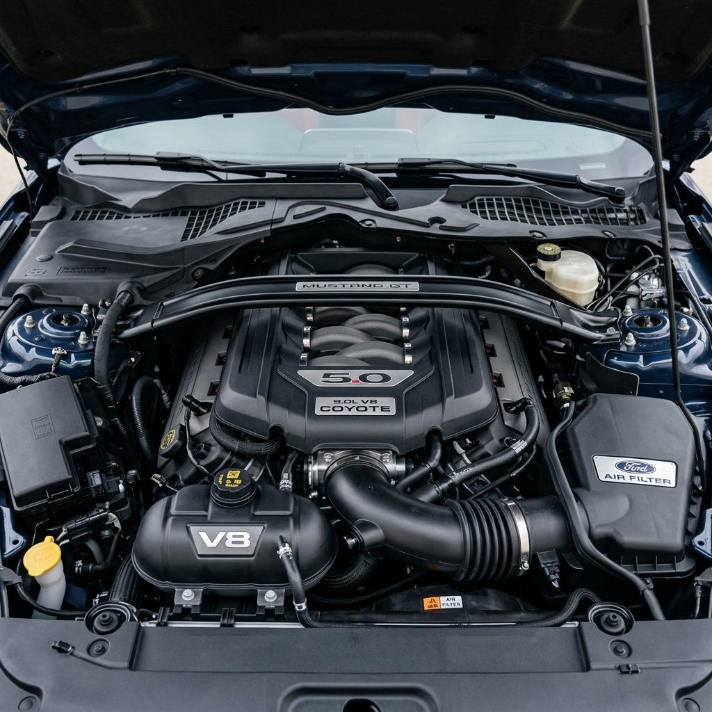 Engine bay of a dark blue Ford Mustang GT featuring a 5.0L V8 Coyote engine and strut tower brace. (Representative image for illustration purposes only. Actual vehicle may vary based on trim and configuration.)