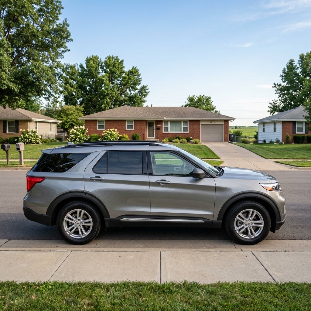 Side view of a silver SUV parked on a quiet suburban street in front of brick ranch-style houses. (Representative image for illustration purposes only. Actual vehicle may vary based on trim and configuration.)