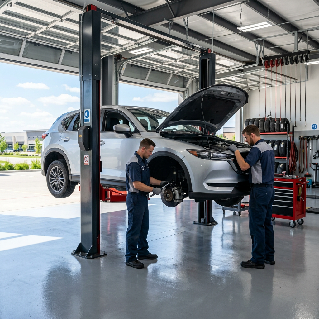 Two mechanics in uniforms servicing a silver SUV on a lift inside a clean, modern auto repair shop. (Representative image for illustration purposes only. Actual vehicle may vary based on trim and configuration.)