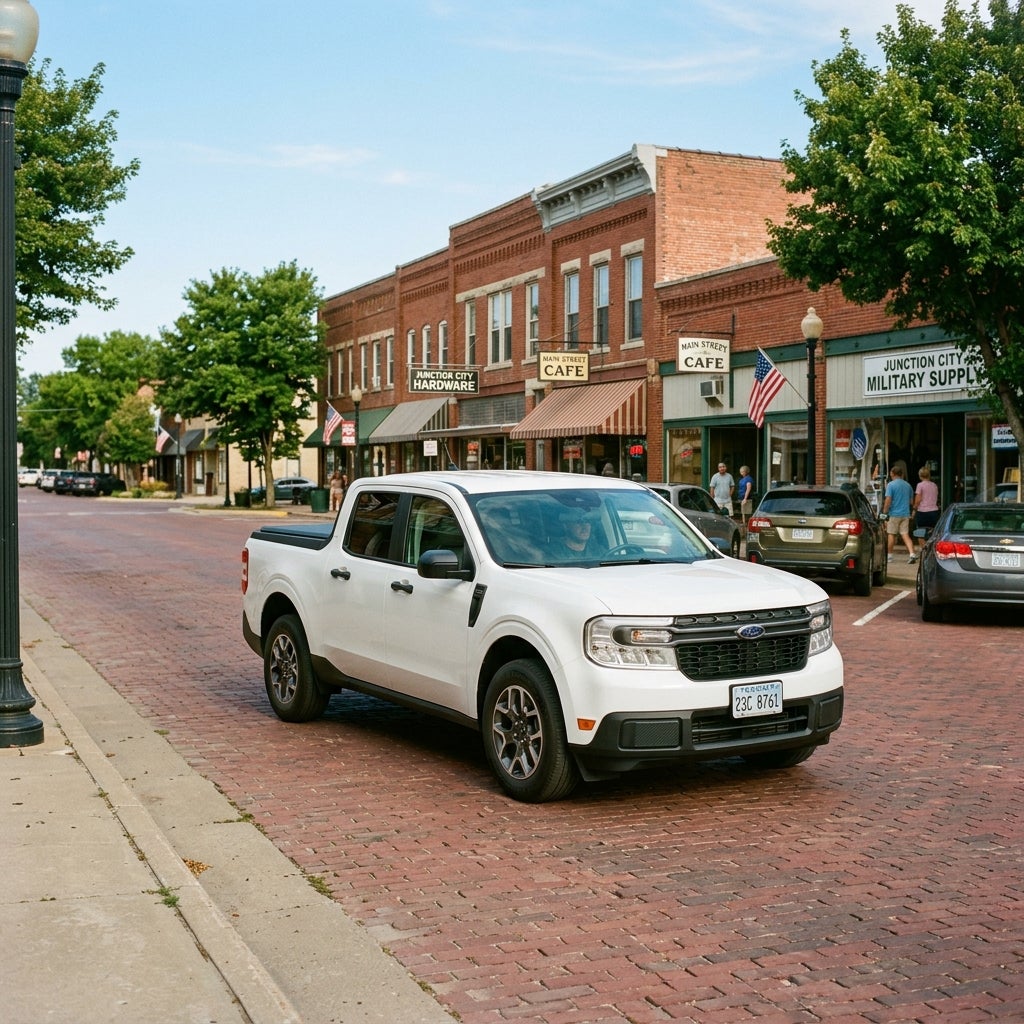 A white Ford Maverick pickup truck driving on a historic red brick street lined with small-town storefronts. (Representative image for illustration purposes only. Actual vehicle may vary based on trim and configuration.)