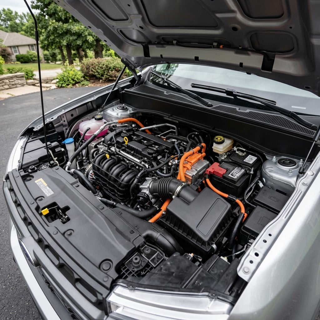 Open hood of a silver hybrid truck showing engine components, orange high-voltage cables, and air intake box. (Representative image for illustration purposes only. Actual vehicle may vary based on trim and configuration.)