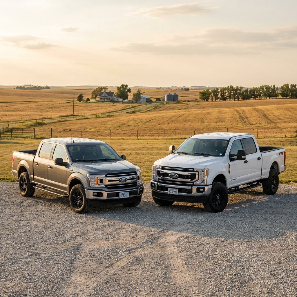 A gray Ford F-150 and a white Ford Super Duty truck parked side by side on gravel in a rural farm field. (Representative image for illustration purposes only. Actual vehicle may vary based on trim and configuration.)