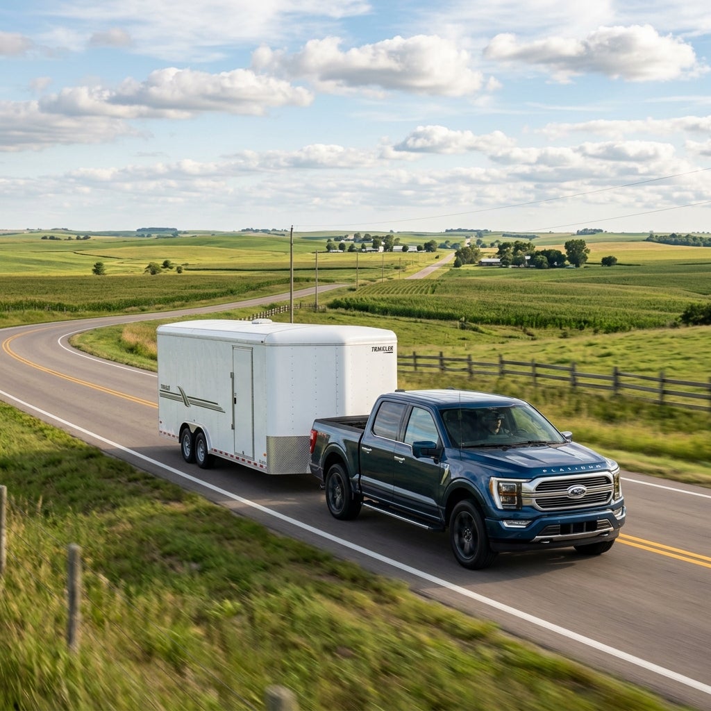 Dark blue Ford F-150 truck towing a white enclosed cargo trailer down a rural paved road. (Representative image for illustration purposes only. Actual vehicle may vary based on trim and configuration.)