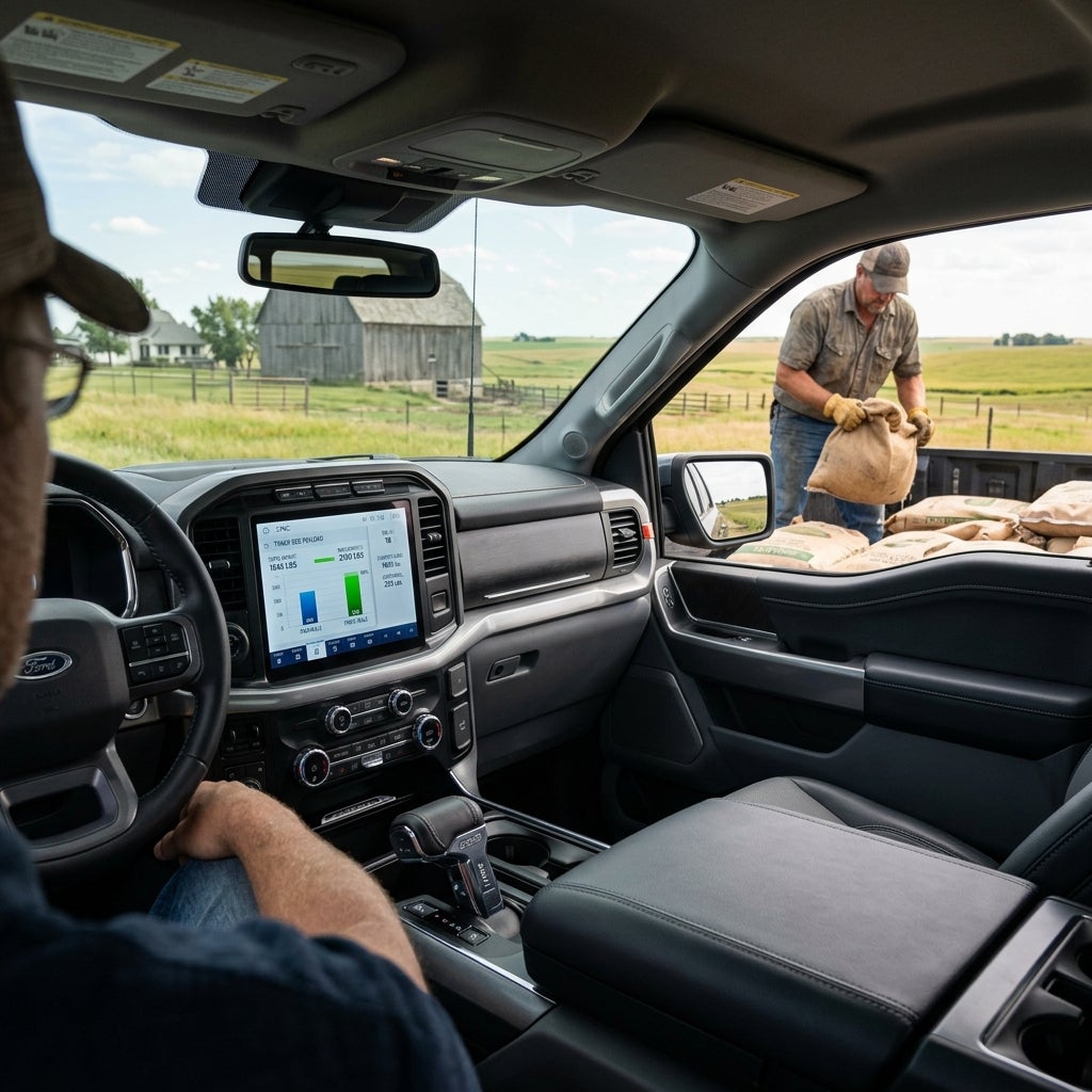 Interior view of a truck showing onboard payload scales on the screen while a man loads bags into the truck bed. (Representative image for illustration purposes only. Actual vehicle may vary based on trim and configuration.)