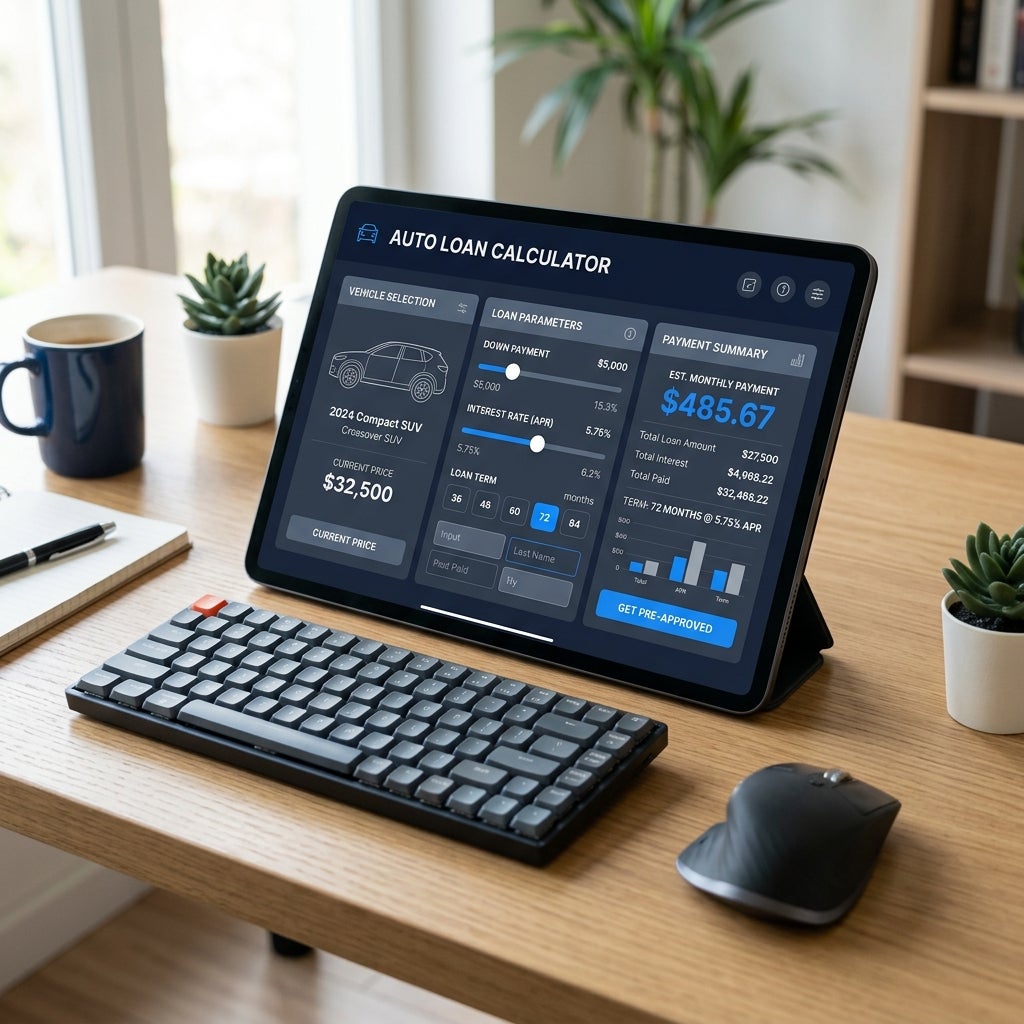 Tablet on a wooden desk displaying an auto loan calculator alongside a compact keyboard and wireless mouse. (Representative image for illustration purposes only. Actual vehicle may vary based on trim and configuration.)