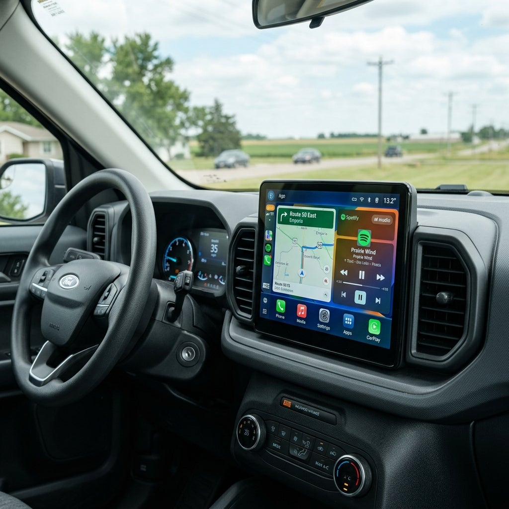 Interior view of a Ford vehicle showcasing a large infotainment touchscreen running Apple CarPlay with maps and music. (Representative image for illustration purposes only. Actual vehicle may vary based on trim and configuration.)