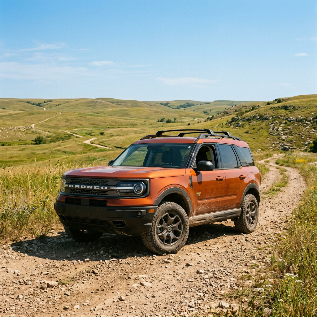 An orange Ford Bronco Sport parked on a rocky dirt trail in a rolling green hill landscape. (Representative image for illustration purposes only. Actual vehicle may vary based on trim and configuration.)