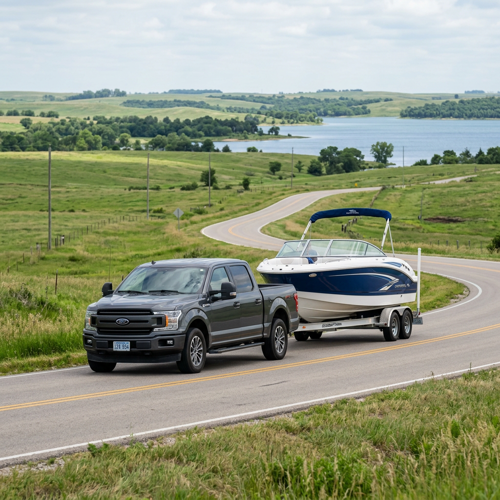 A gray Ford F-150 truck towing a blue and white motorboat on a winding country road with a lake in the background. (Representative image for illustration purposes only. Actual vehicle may vary based on trim and configuration.)