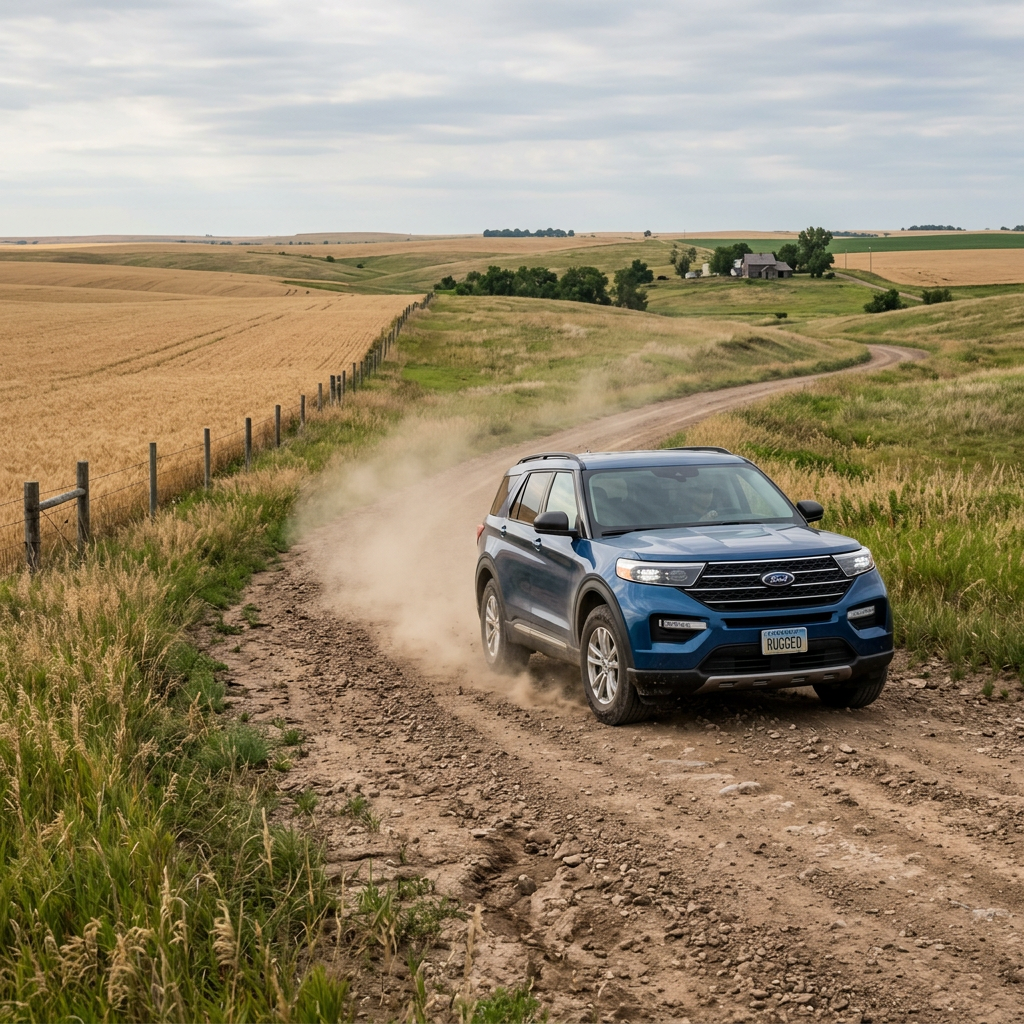 A blue Ford Explorer kicks up dust while driving along a winding dirt road through rolling hills and fields. (Representative image for illustration purposes only. Actual vehicle may vary based on trim and configuration.)