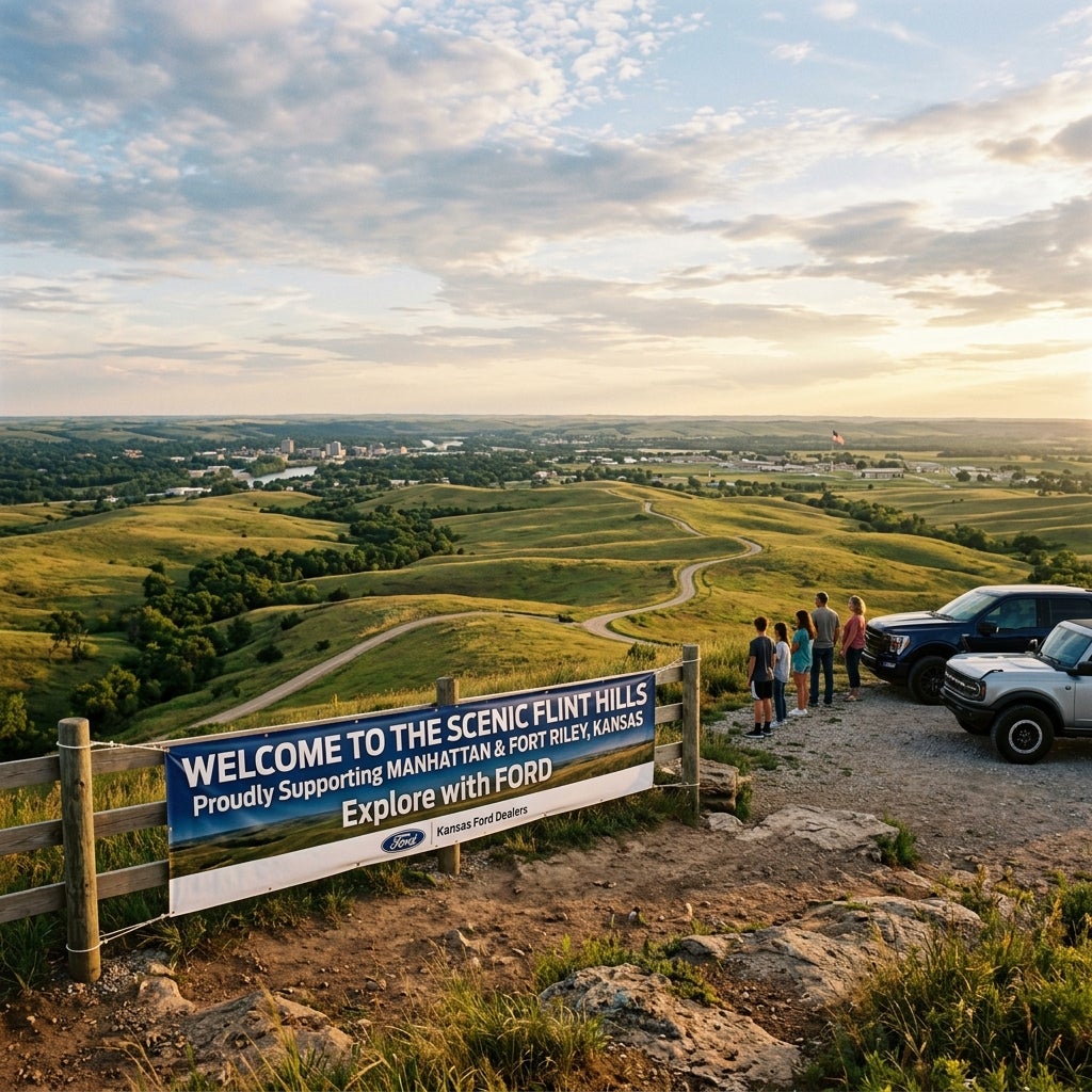 A family overlooks the rolling green landscape of the Scenic Flint Hills in Kansas next to two Ford vehicles. (Representative image for illustration purposes only. Actual vehicle may vary based on trim and configuration.)