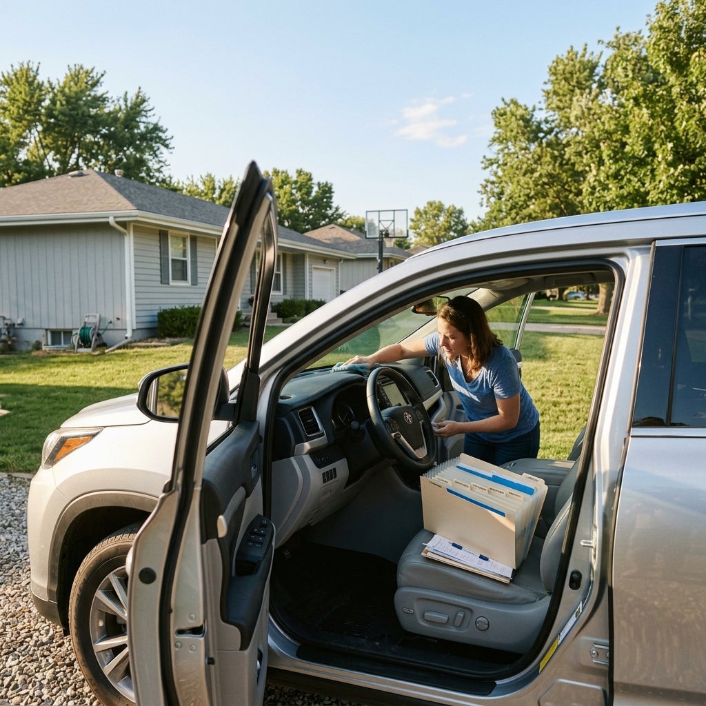 A woman wipes down the dashboard of a silver SUV parked in a driveway with organized files on the passenger seat. (Representative image for illustration purposes only. Actual vehicle may vary based on trim and configuration.)