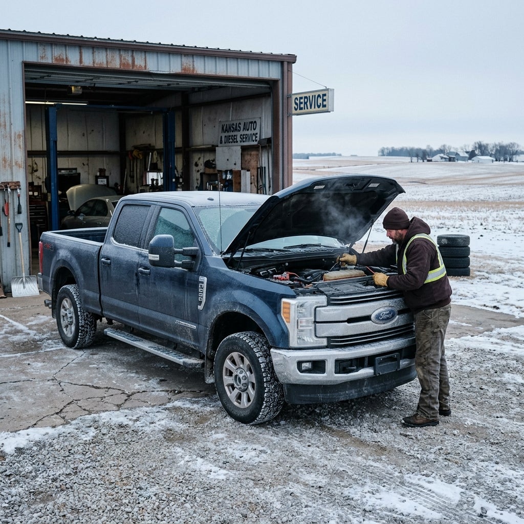 A mechanic inspects a steaming blue Ford truck engine outside a rural auto repair shop in the snow. (Representative image for illustration purposes only. Actual vehicle may vary based on trim and configuration.)