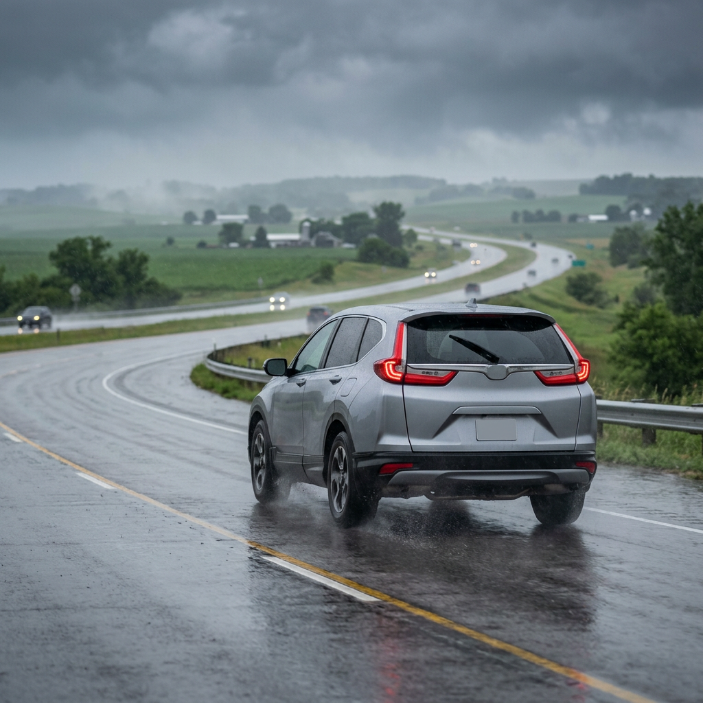 A silver SUV driving on a wet, curving highway in rural country during a rainy day. (Representative image for illustration purposes only. Actual vehicle may vary based on trim and configuration.)
