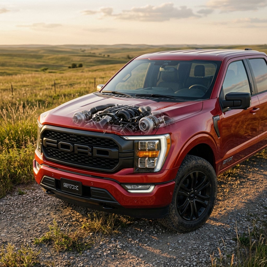 Red Ford F-150 STX pickup truck parked on a gravel path with a transparent overlay showing a twin-turbo V6 engine. (Representative image for illustration purposes only. Actual vehicle may vary based on trim and configuration.)